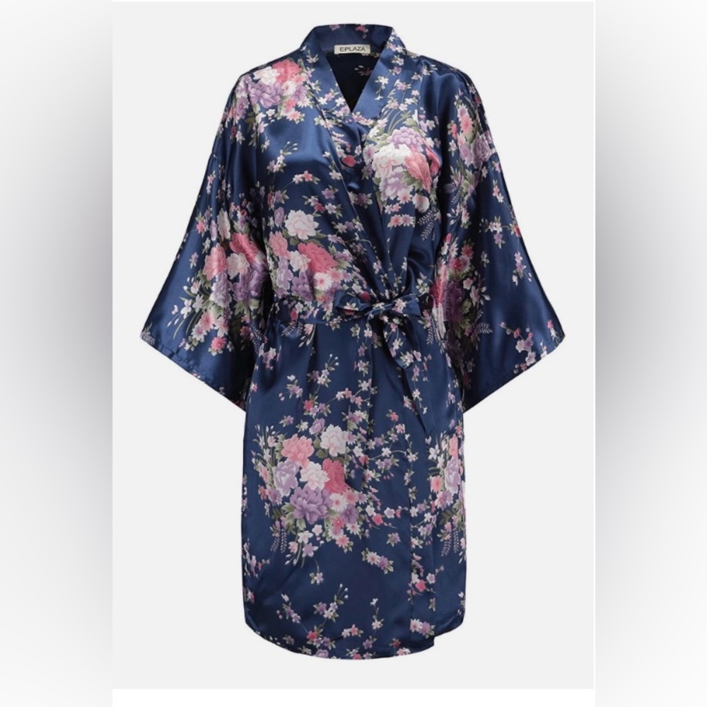 Eplaza Silky Blue Floral Short Robe Women one size Classic Elegance, Fashionable